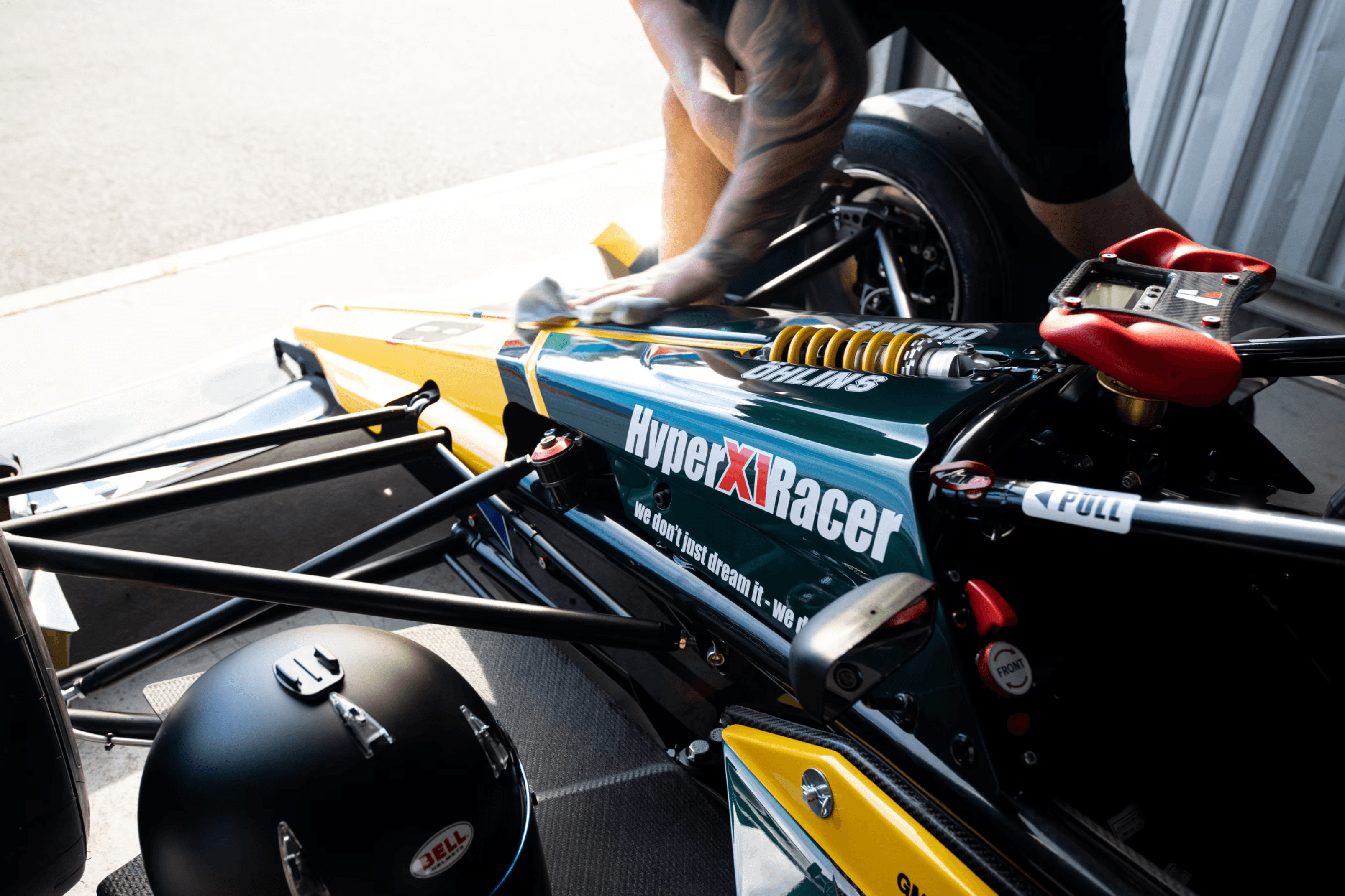 Cockpit close-up — suspension and Ohlins detail
